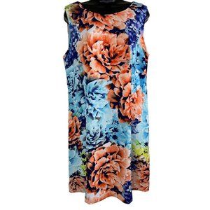 Worthington Dress Women Size 16 Sleeveless Colorful Blue Coral Floral Lined